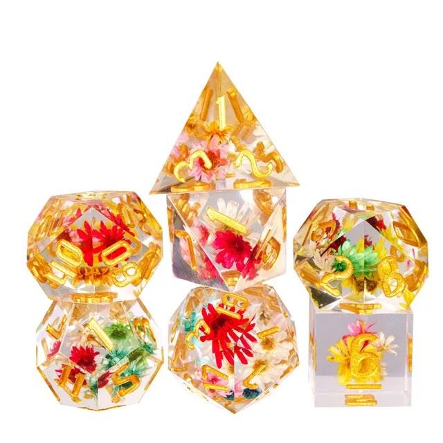 Multicolour Flowers in Clear Filled Sharp Resin - 7pcs RPG Dice Set