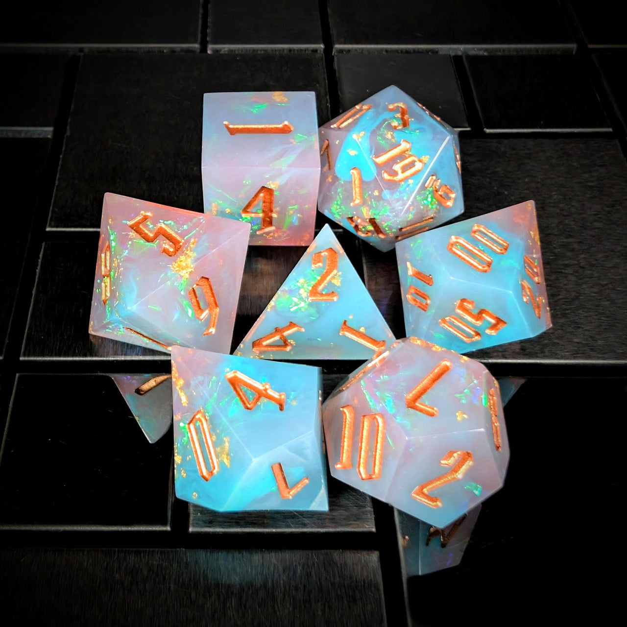 Candy in Blue & Pink with Copper Foil Sharp Resin - 7pcs RPG Dice Set