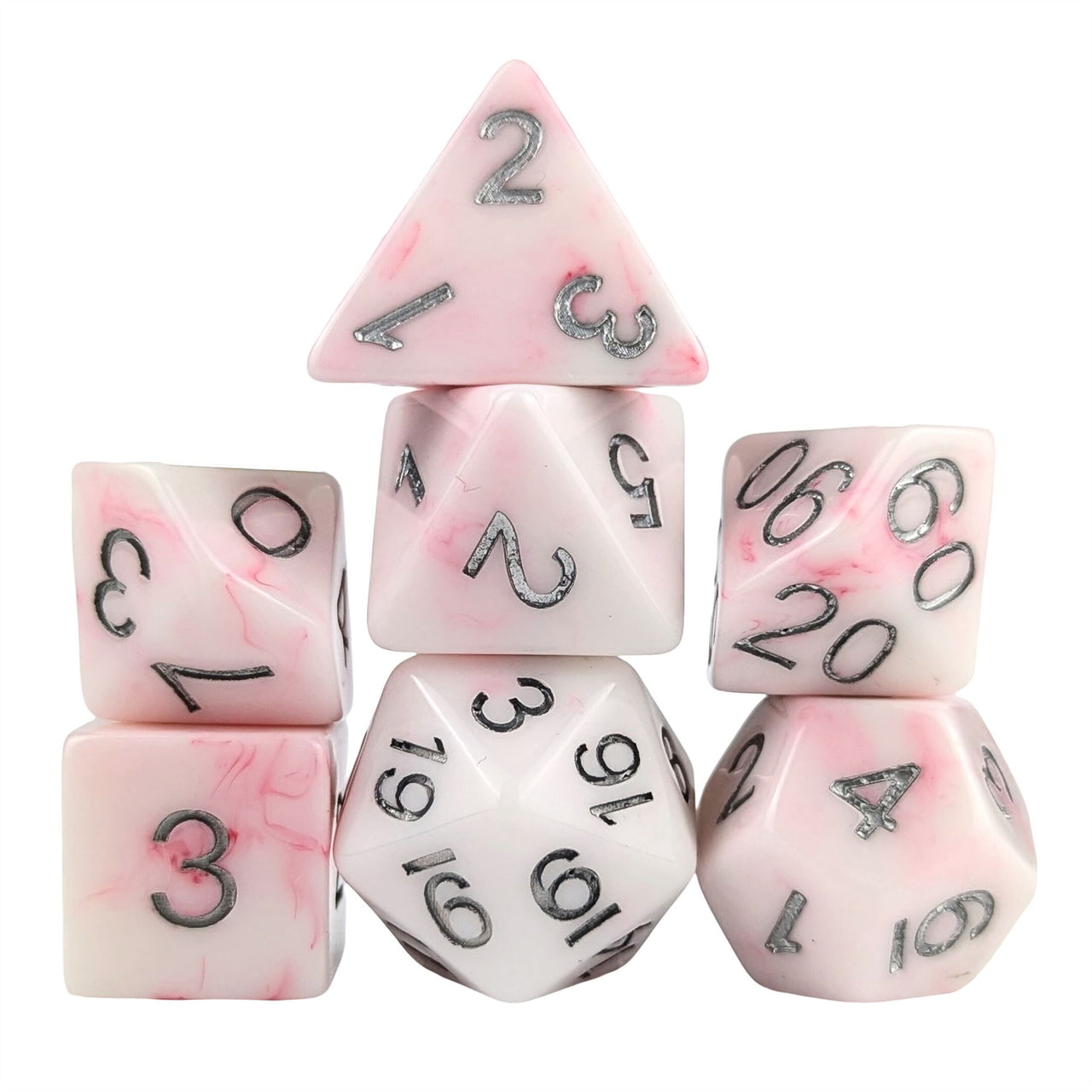 Pink Swirl in White Resin - 7pcs RPG Full Dice Set