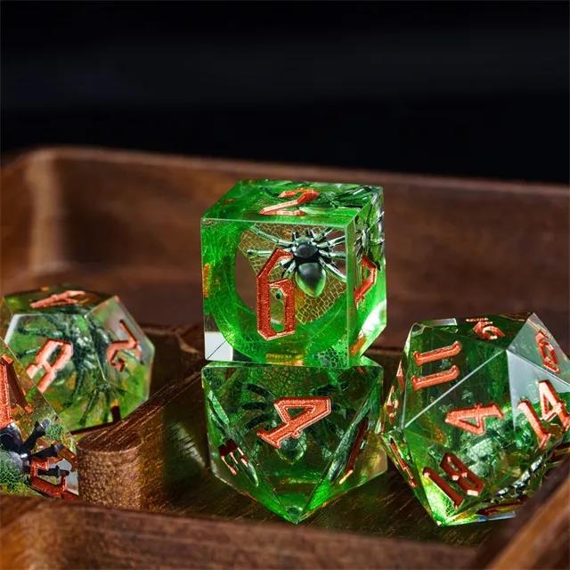 Spider in Clear & Green Filled Sharp Resin - 7pcs RPG Dice Set