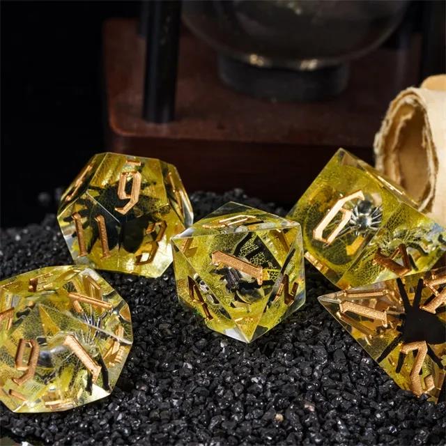 Spider in Clear & Yellow Filled Sharp Resin - 7pcs RPG Dice Set