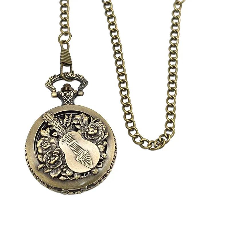 Guitar on Bronze Pocket Watch with Mini Dice - Pendant