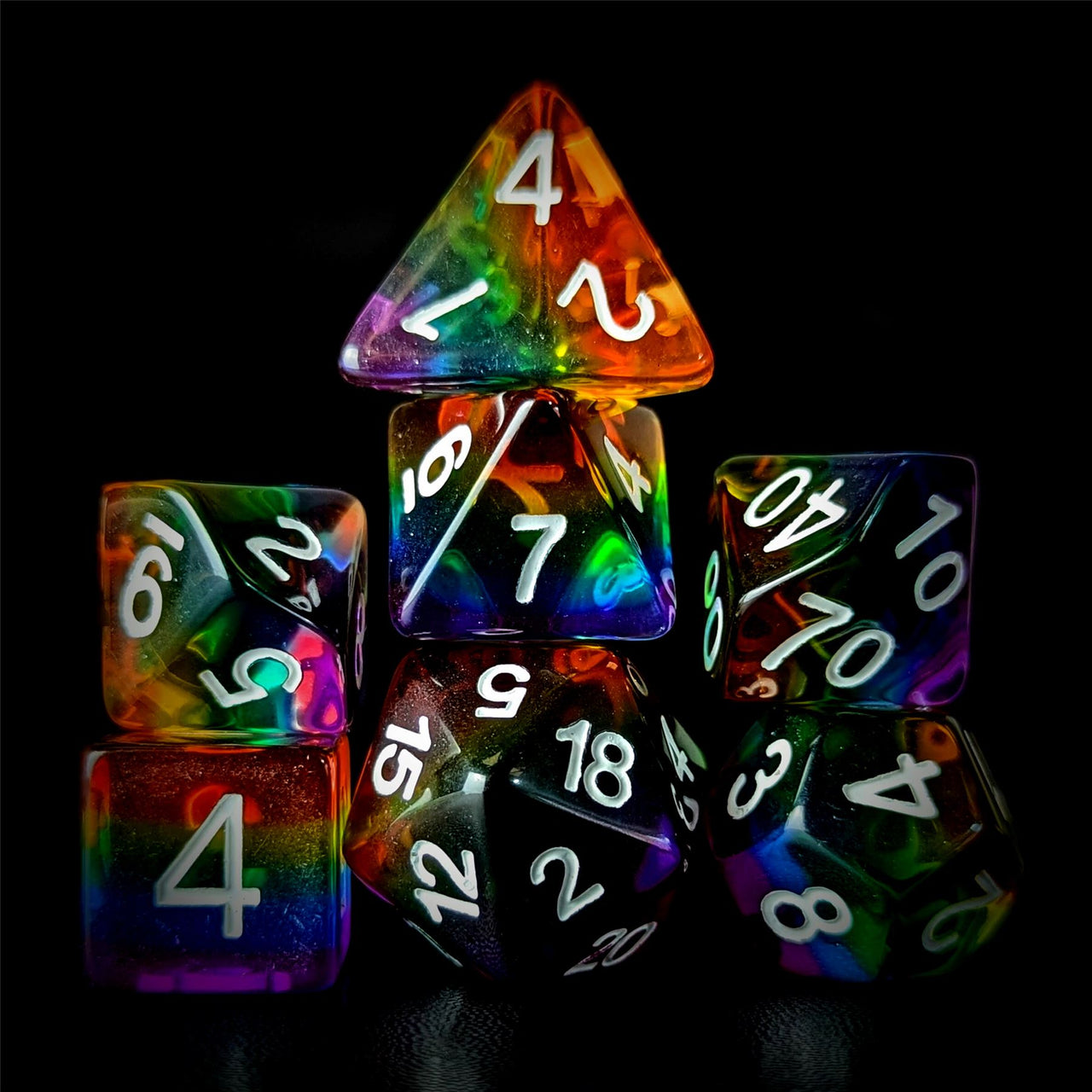 Layered Rainbow in Clear Resin - 7pcs RPG Full Dice Set