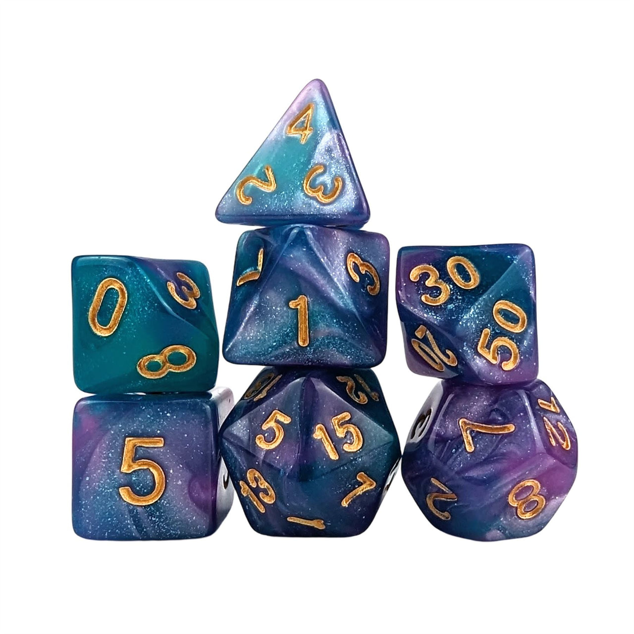 Glitter in Purple & Blue Acrylic - 7pcs RPG Full Dice Set White Stack