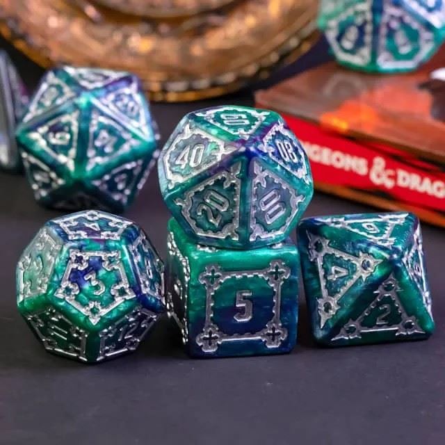 Castle on Purple & Teal Resin - 7pcs RPG Oversized Dice Set