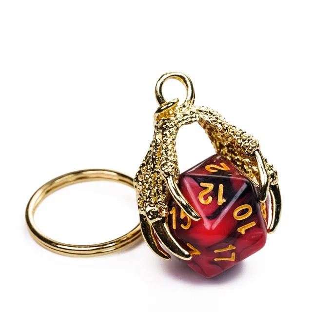 Red & Black Acrylic in  Gold Metal Claw - D20 Keyring