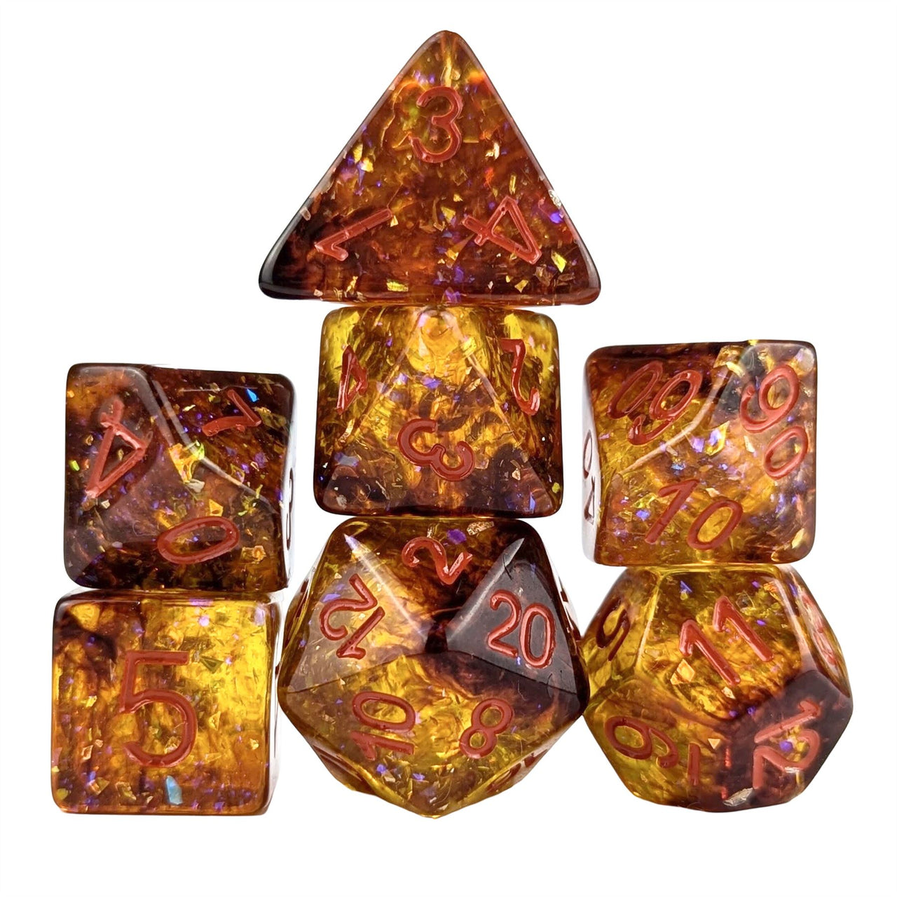 Glitter in Orange & Black Resin - 7pcs RPG Full Dice Set