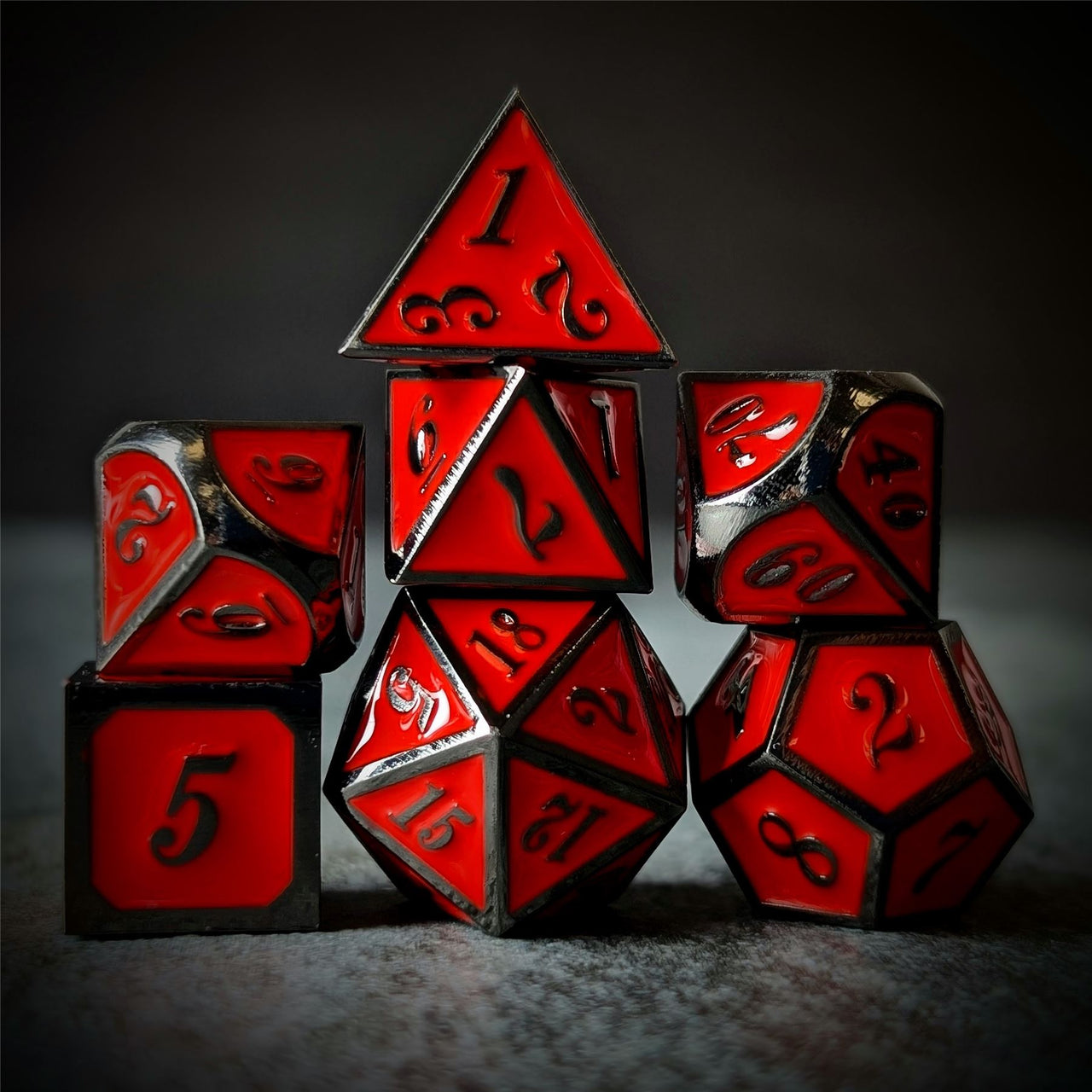 Red Enamel in Black Metal - 7pcs RPG Dice Set