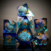 Thumbnail for Orange Eye Ball in Clear & Blue Liquid Filled Sharp Resin - 7pcs RPG Dice Set