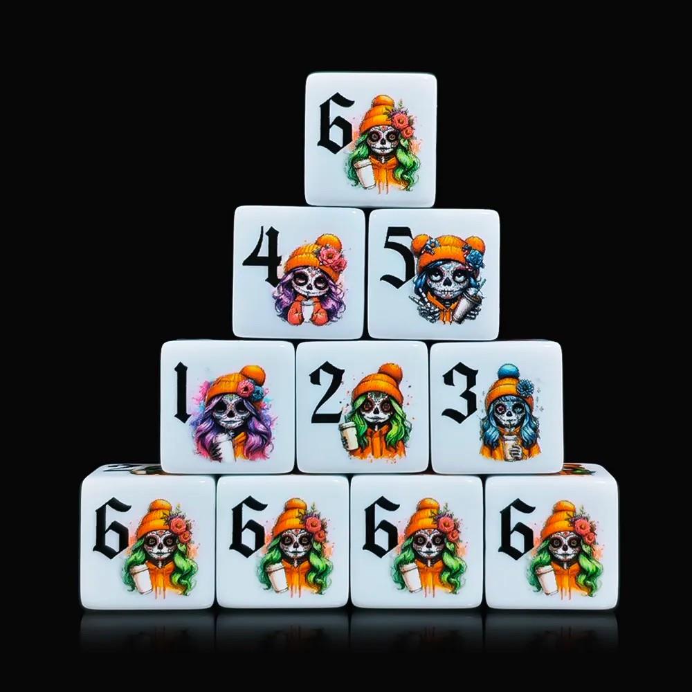 6pcs D6 16mm Dice Acrylic Printed Calavera Skull Hat Black Font White