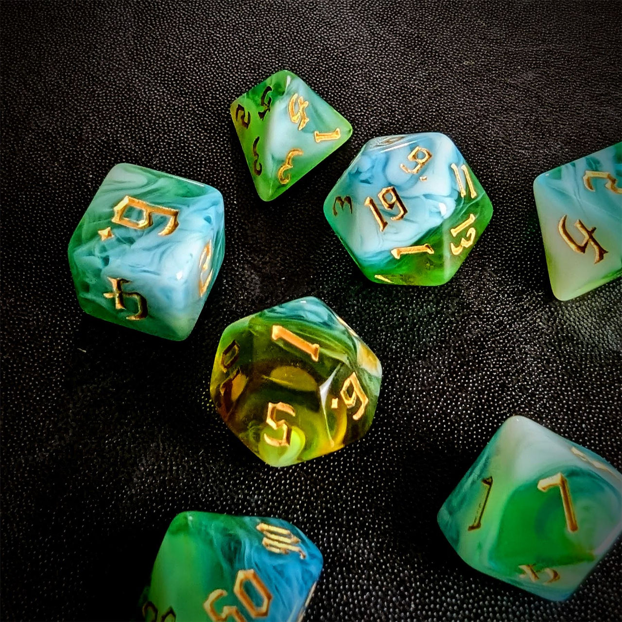 Blend of Green & Sky Blue Acrylic - 7pcs RPG Full Dice Set Scatter