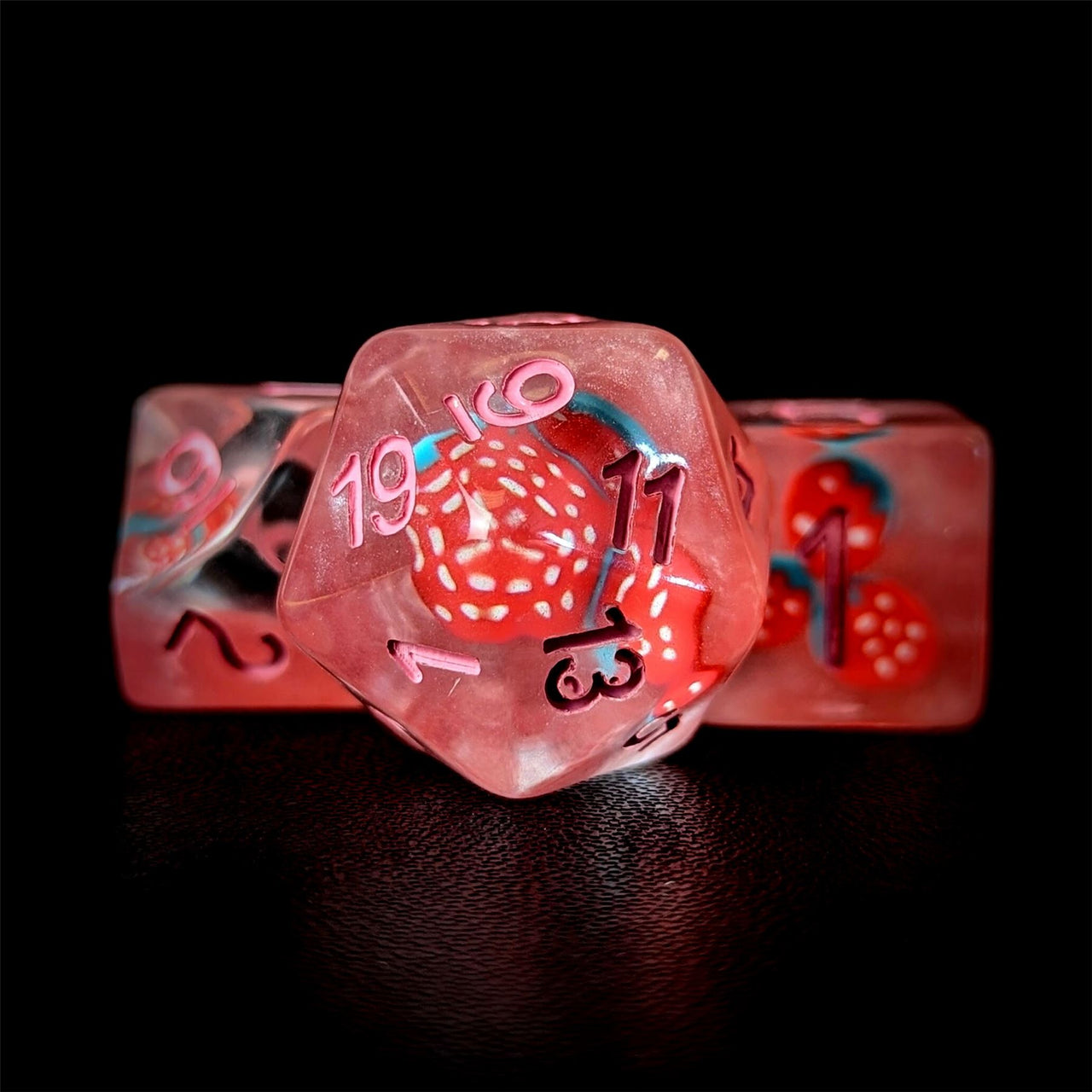 Strawberry in Clear & Pink Resin - 7pcs RPG Full Dice Set