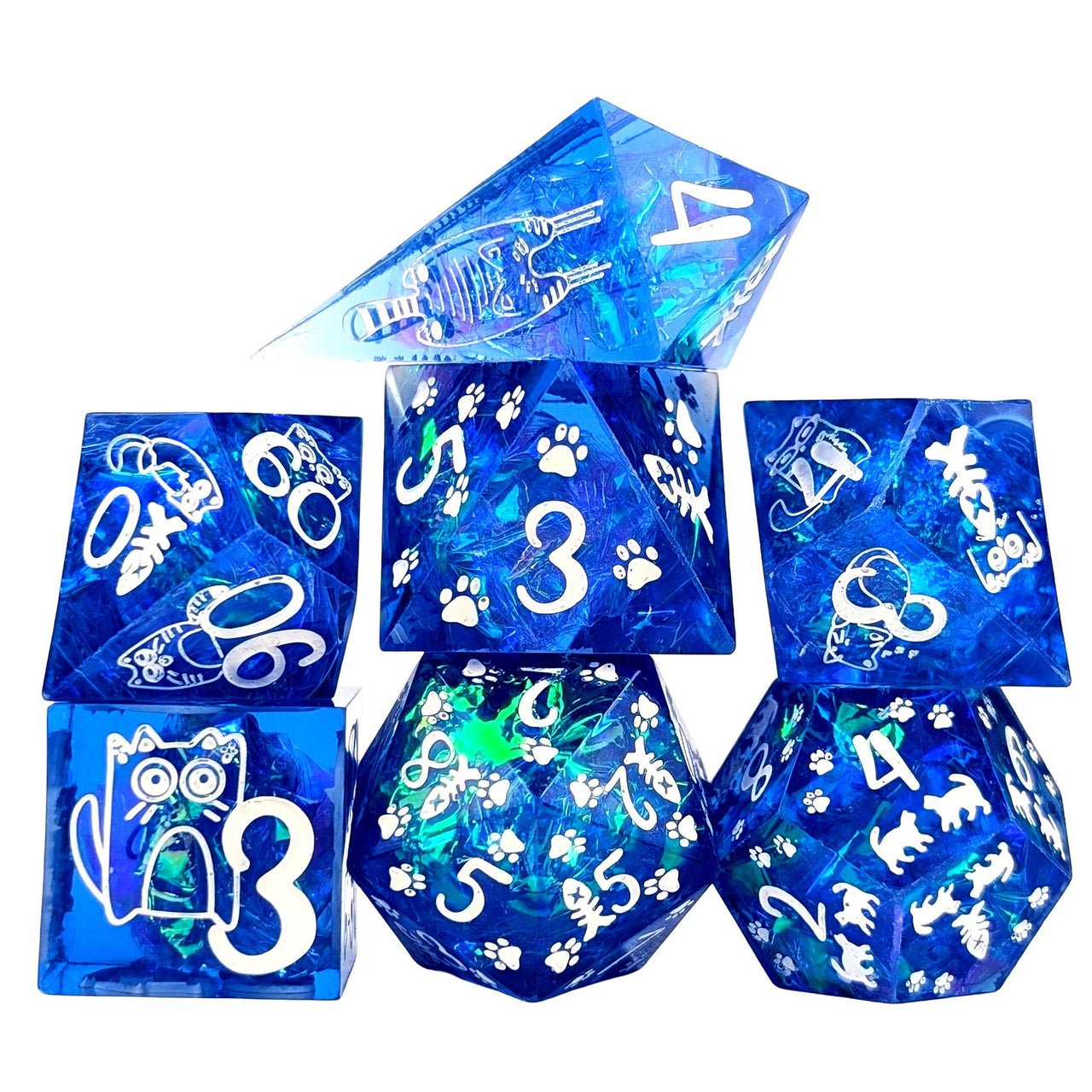 Cats on Blue with Candy Sharp Resin - 7pcs RPG Dice Set