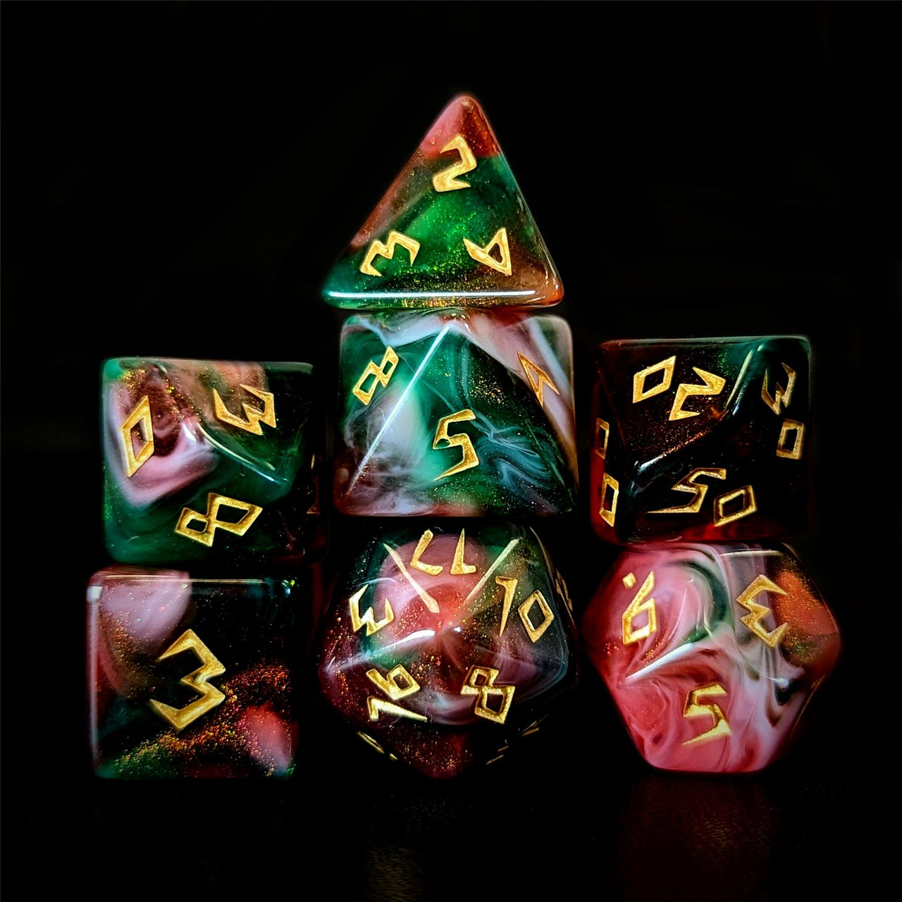 Glitter in Green & Red Acrylic - 7pcs RPG Full Dice Set Dark Stack