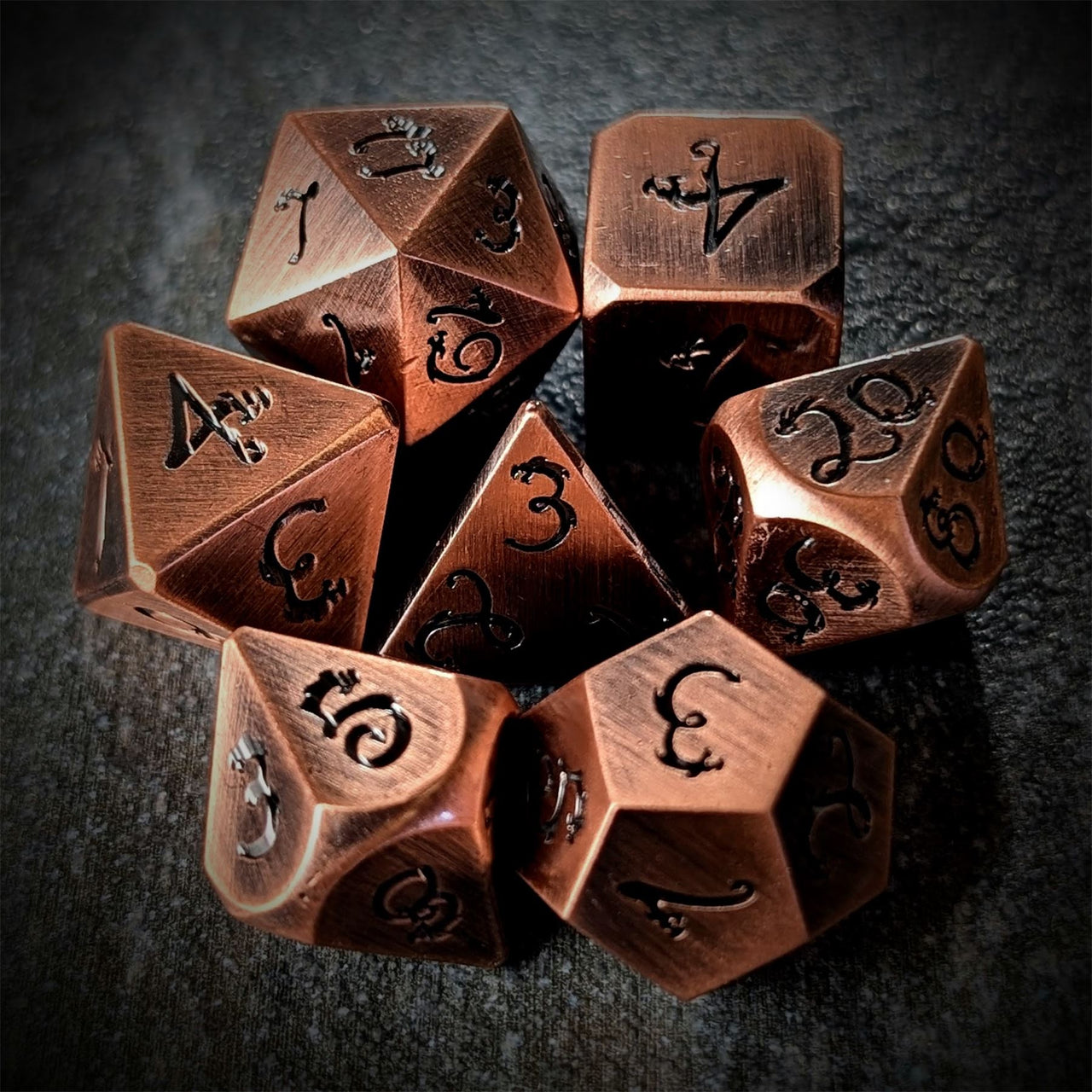 Copper Metal with Black Dragon Font - 7pcs RPG Dice Set