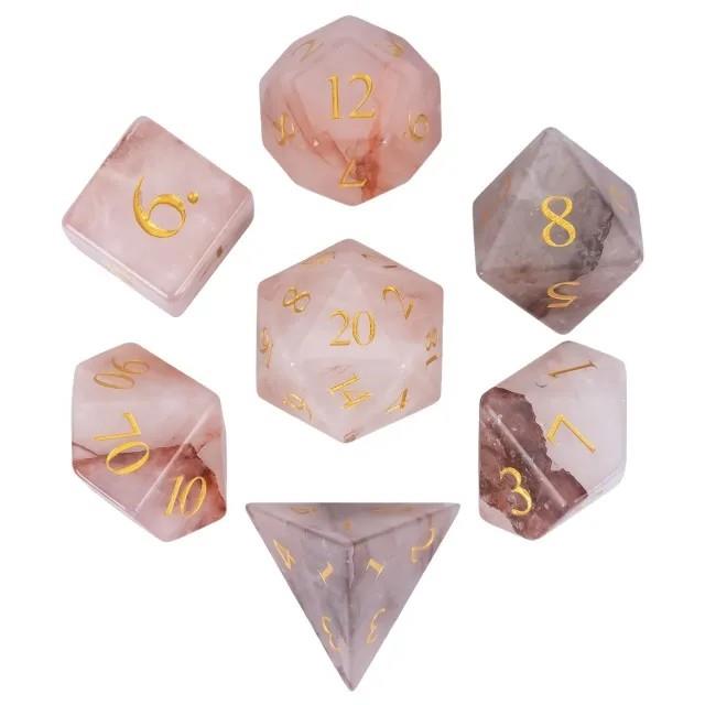 7pcs Dice Gem Stone Fire Quartz Gold Font White