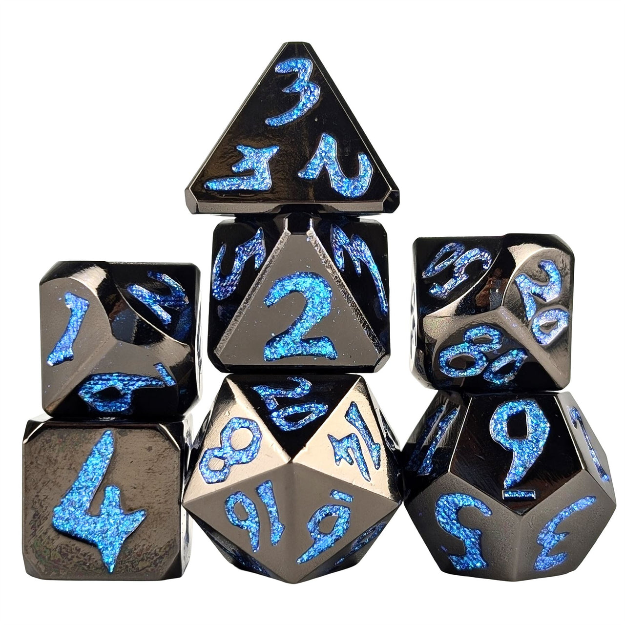 Blue Font in Black Metal - 7pcs RPG Dice Set