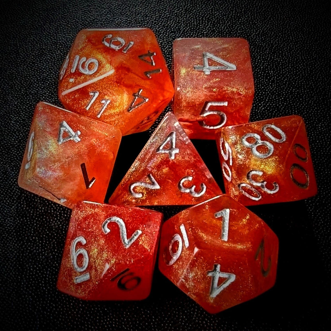 Glitter in Orange & Red Resin - 7pcs RPG Full Dice Set