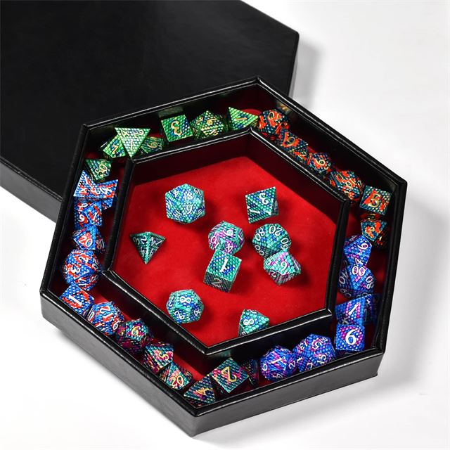 Red Velvet & Black PU Leather - Hexagon Lid Dice Tray