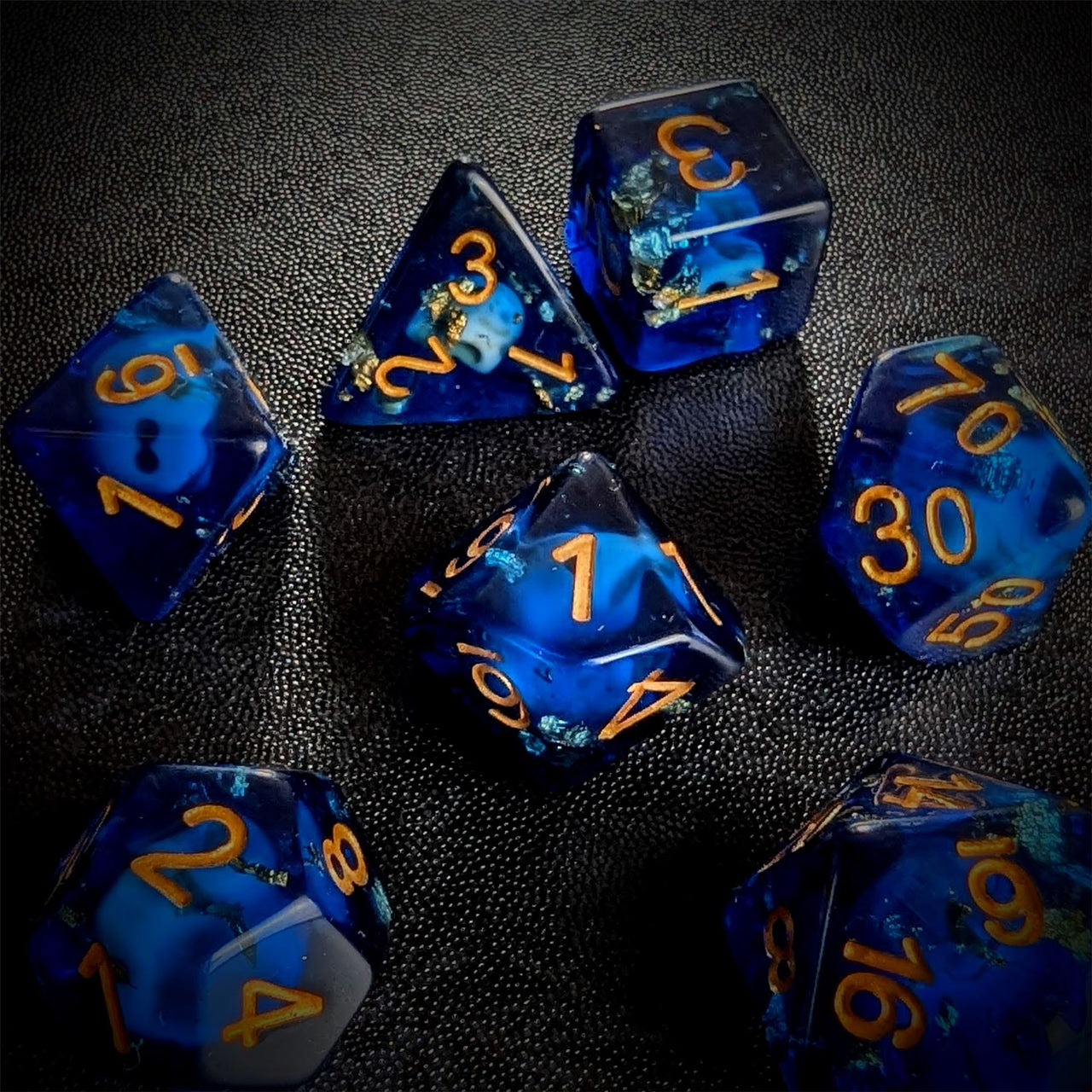 Gold Foil & Skull in Royal Blue Resin - 7pcs RPG Full Dice Set