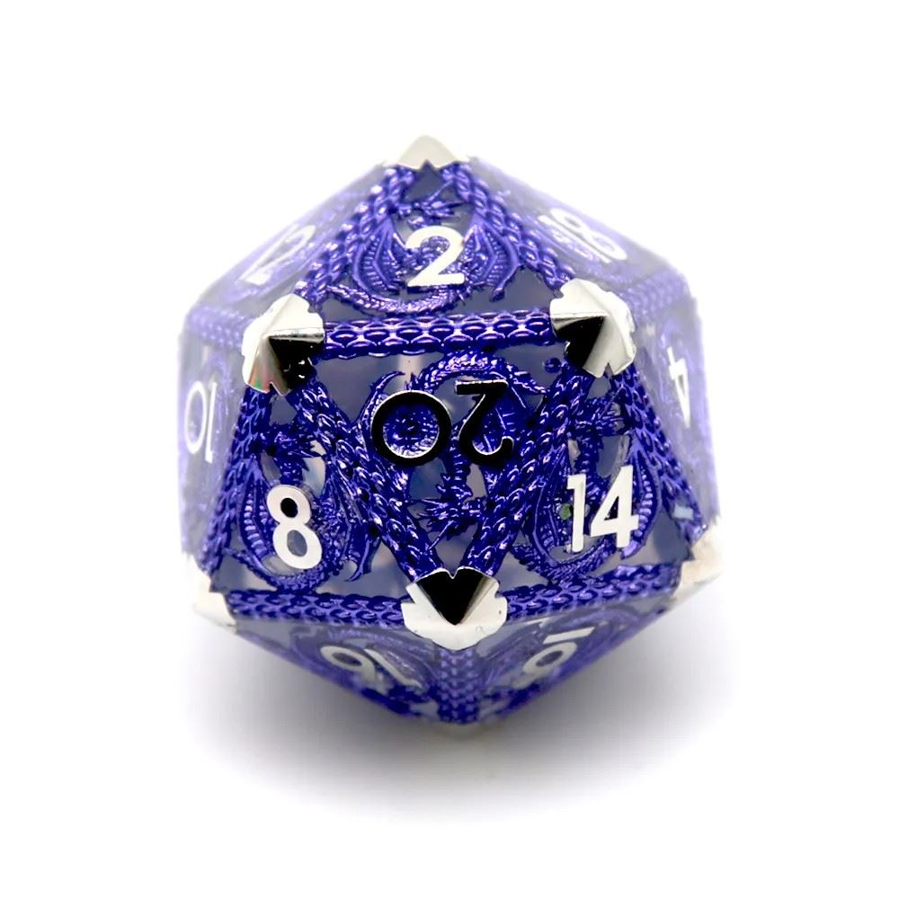 Dragon Scales on Purple Metal & Resin  - 39mm D20 RPG Dice