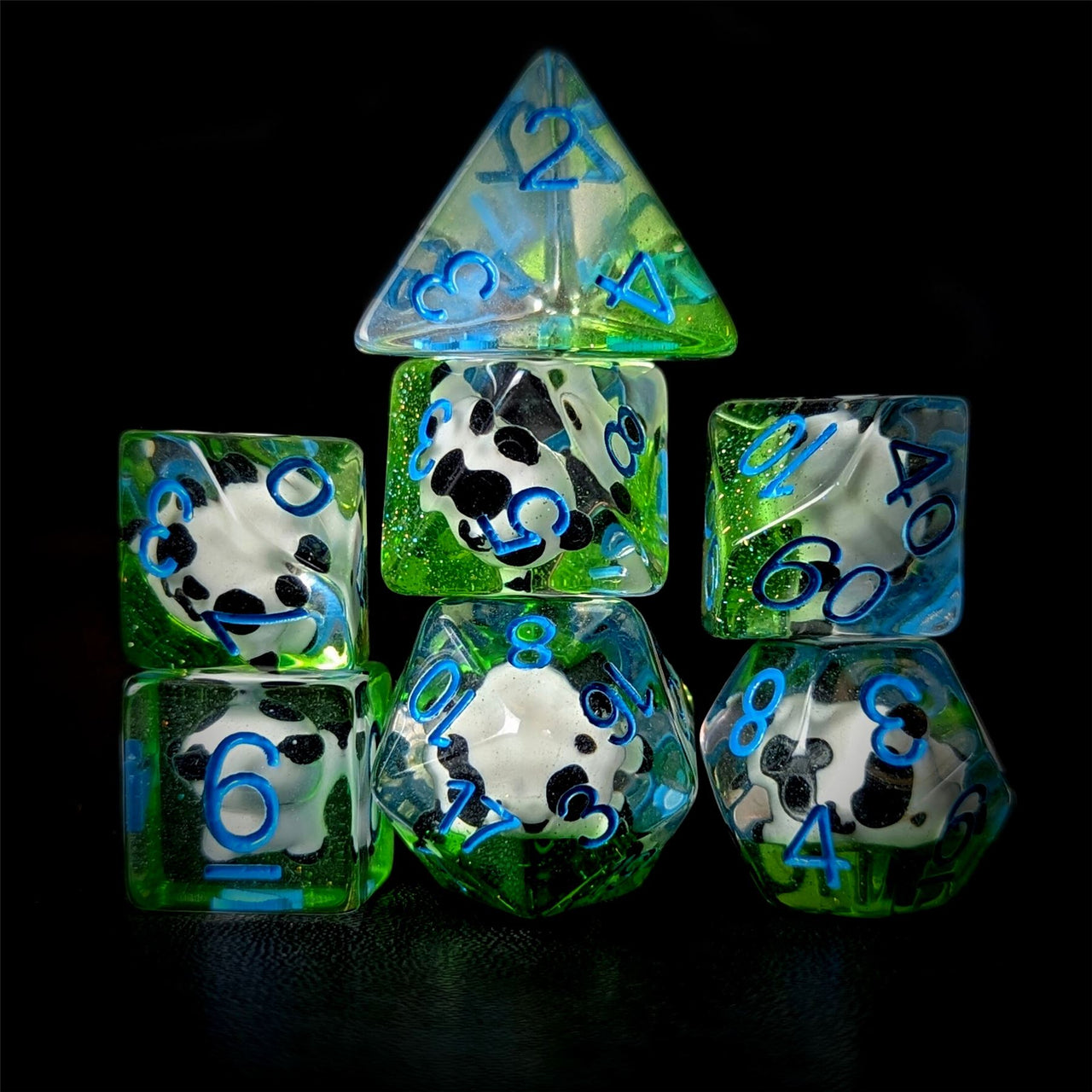 Panda in Clear & Green Resin - 7pcs RPG Full Dice Set