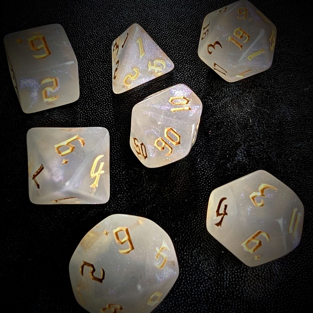 Glitter in White Acrylic with Gold Font - 7pcs RPG Full Dice Set Scatter