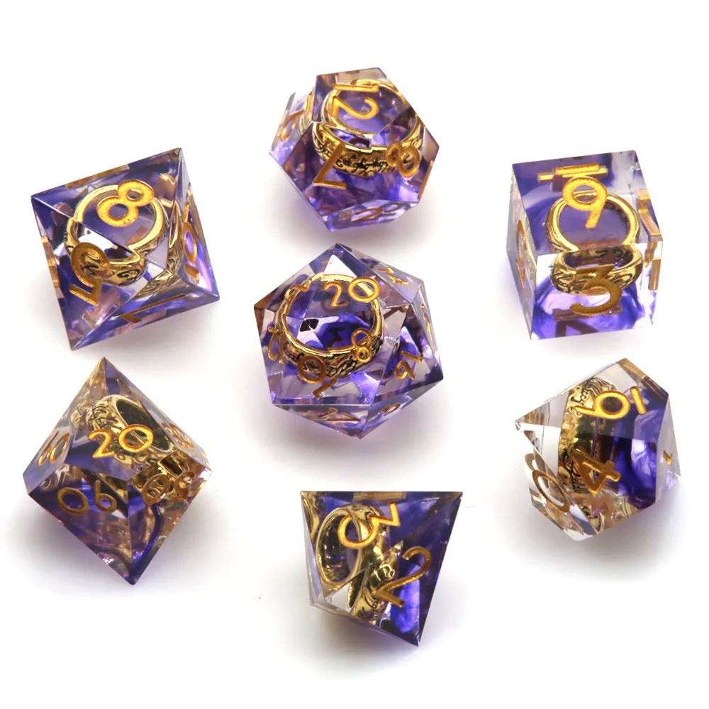 Gold Ring in Purple & Clear Filled Sharp Resin - 7pcs RPG Dice Set