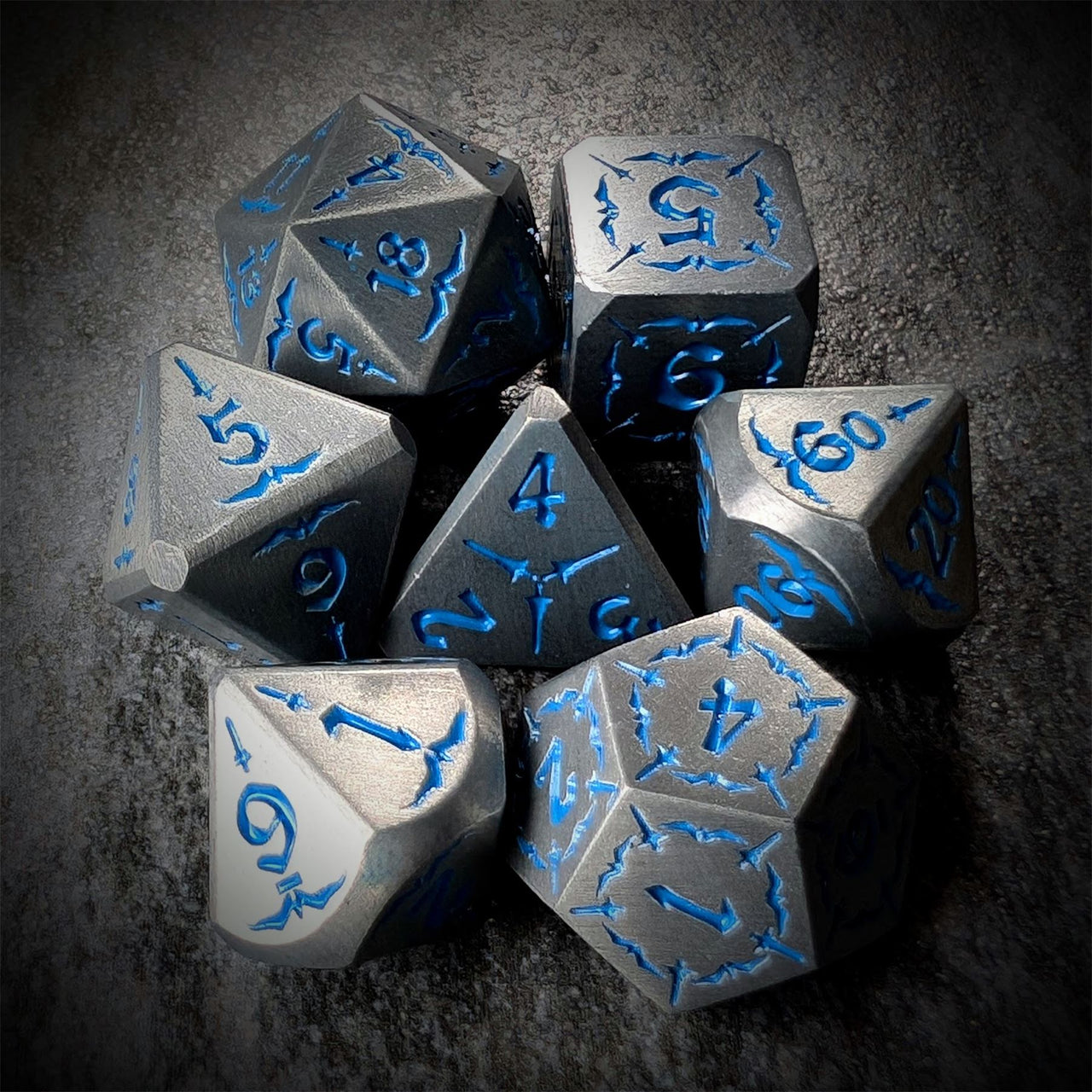 Blue Sword in Silver Metal - 7pcs RPG Dice Set