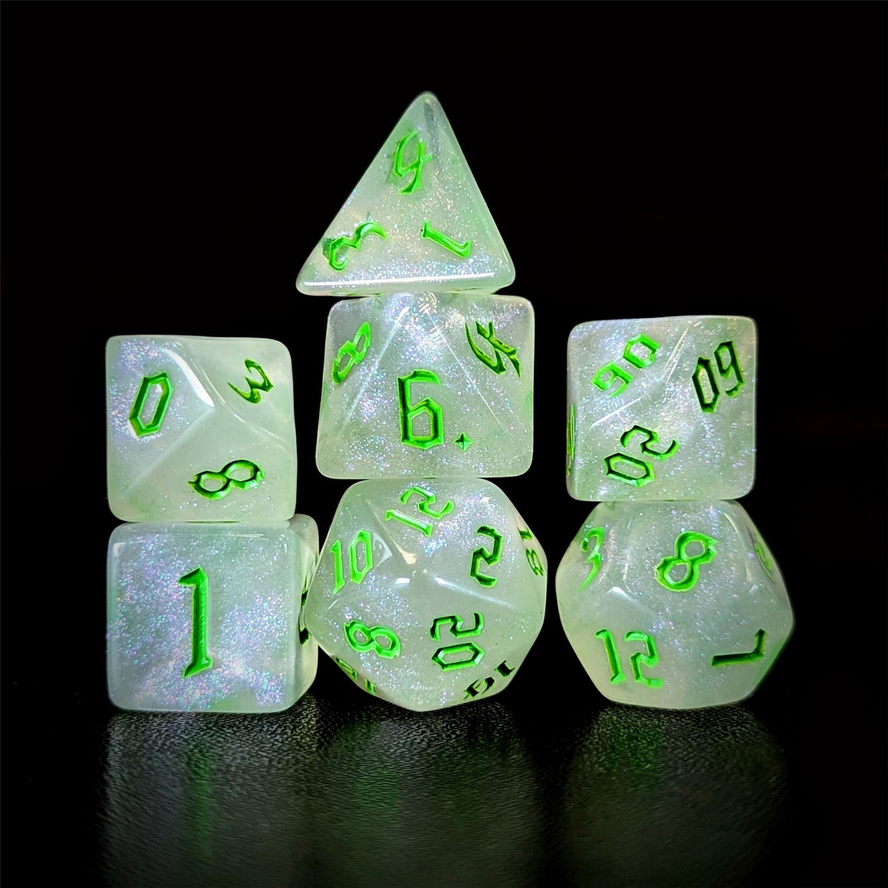 Glitter in White Acrylic with Green Font - 7pcs RPG Full Dice Set Dark Stack