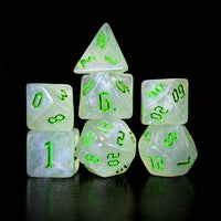 Thumbnail for Glitter in White Acrylic with Green Font - 7pcs RPG Full Dice Set Dark Stack