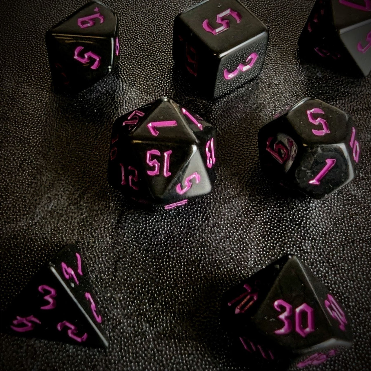 Magenta on Solid Black Acrylic - 7pcs RPG Full Dice Set Scatter