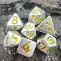 Thumbnail for Yellow & Green Font in Silver Metal - 7pcs RPG Dice Set