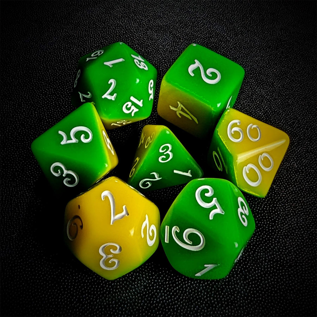 Blend of Yellow & Green Acrylic - 7pcs RPG Full Dice Set Top