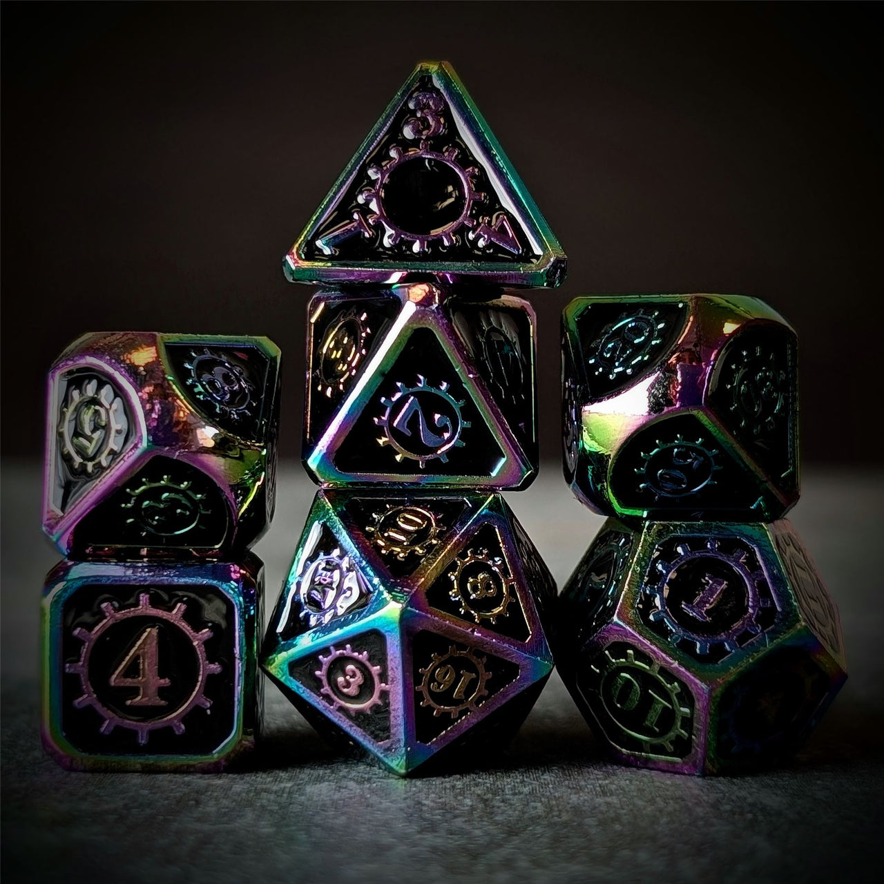 Gear in Black Enamel Rainbow Metal - 7pcs RPG Dice Set