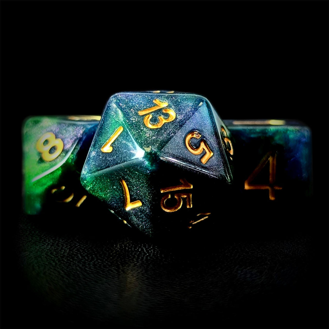 Glitter in Green & Blue Resin - 7pcs RPG Full Dice Set