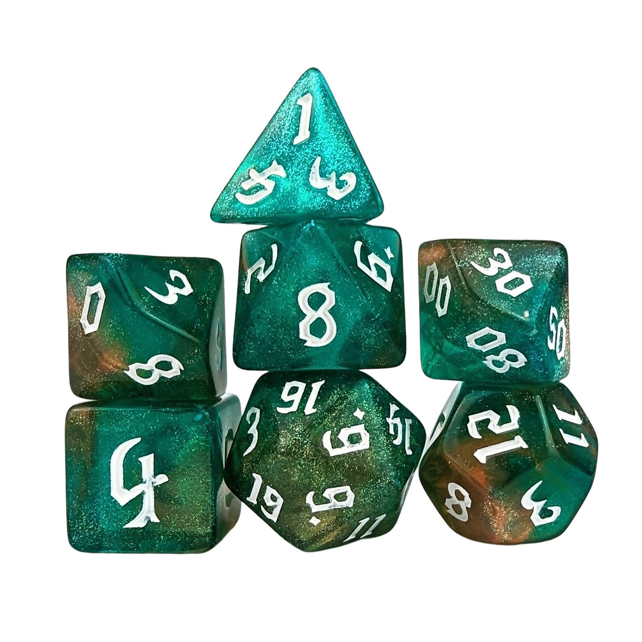 Glitter in Green & Yellow Acrylic - 7pcs RPG Full Dice Set White Stack