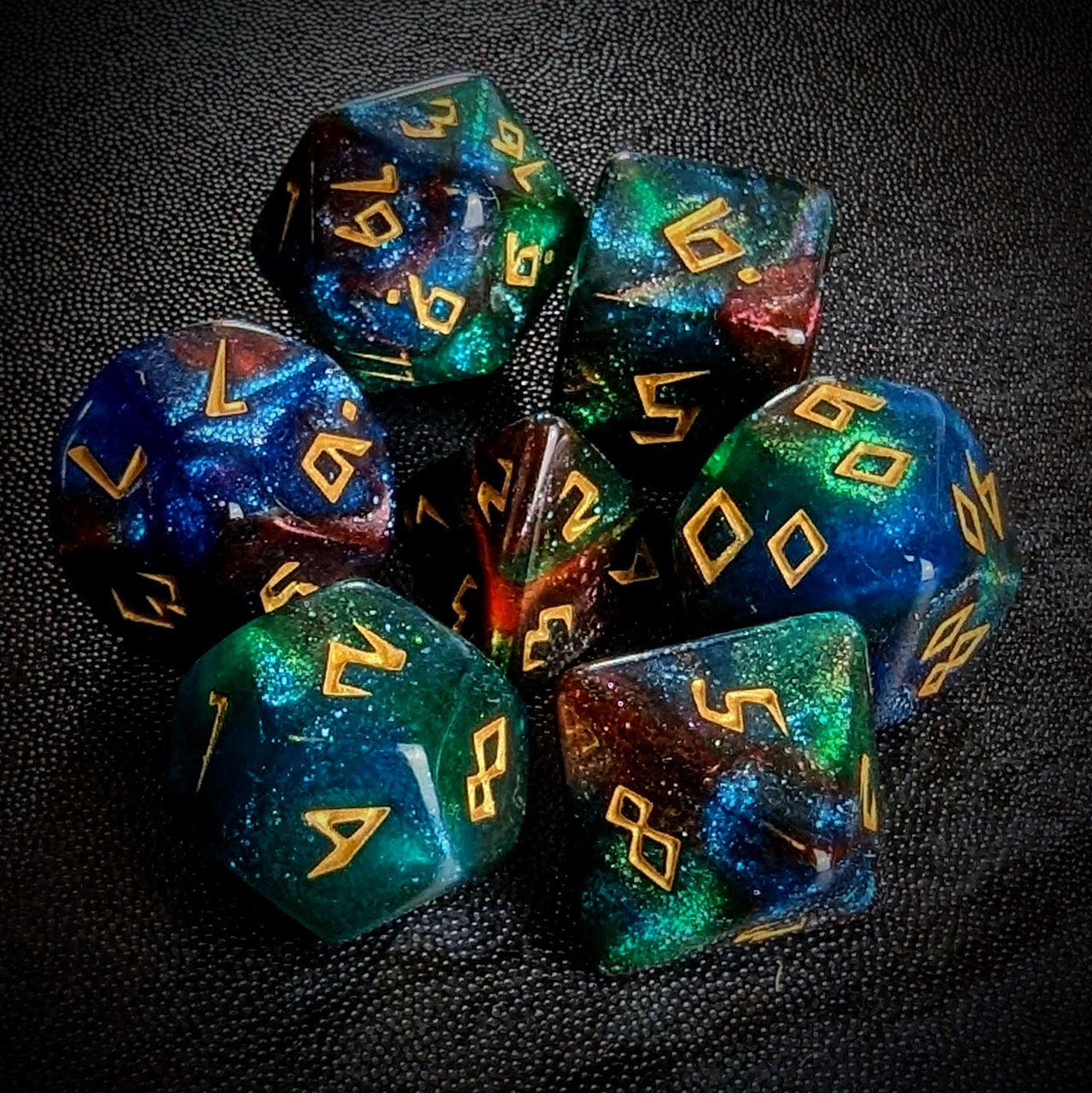 Glitter in Green & Blue Acrylic - 7pcs RPG Full Dice Set Top