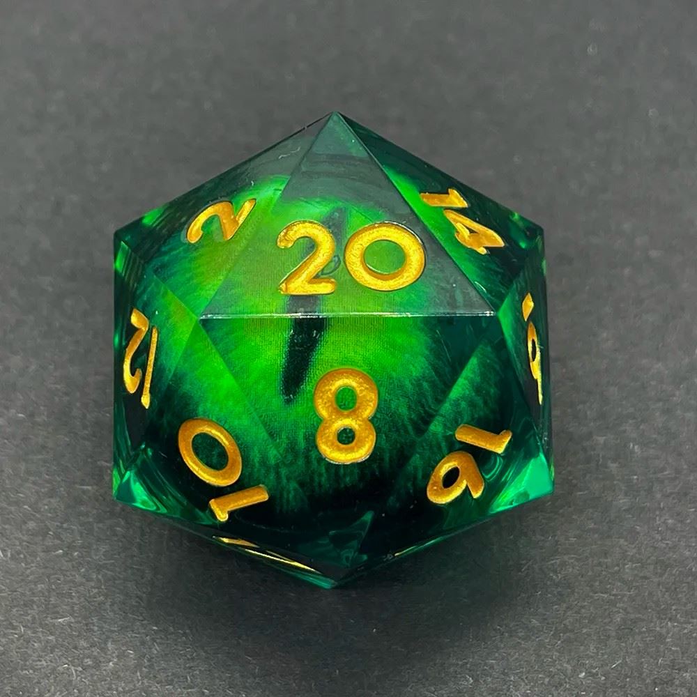 Green Lizard Eye in Green & Clear Liquid Sharp Resin - D20 RPG Dice