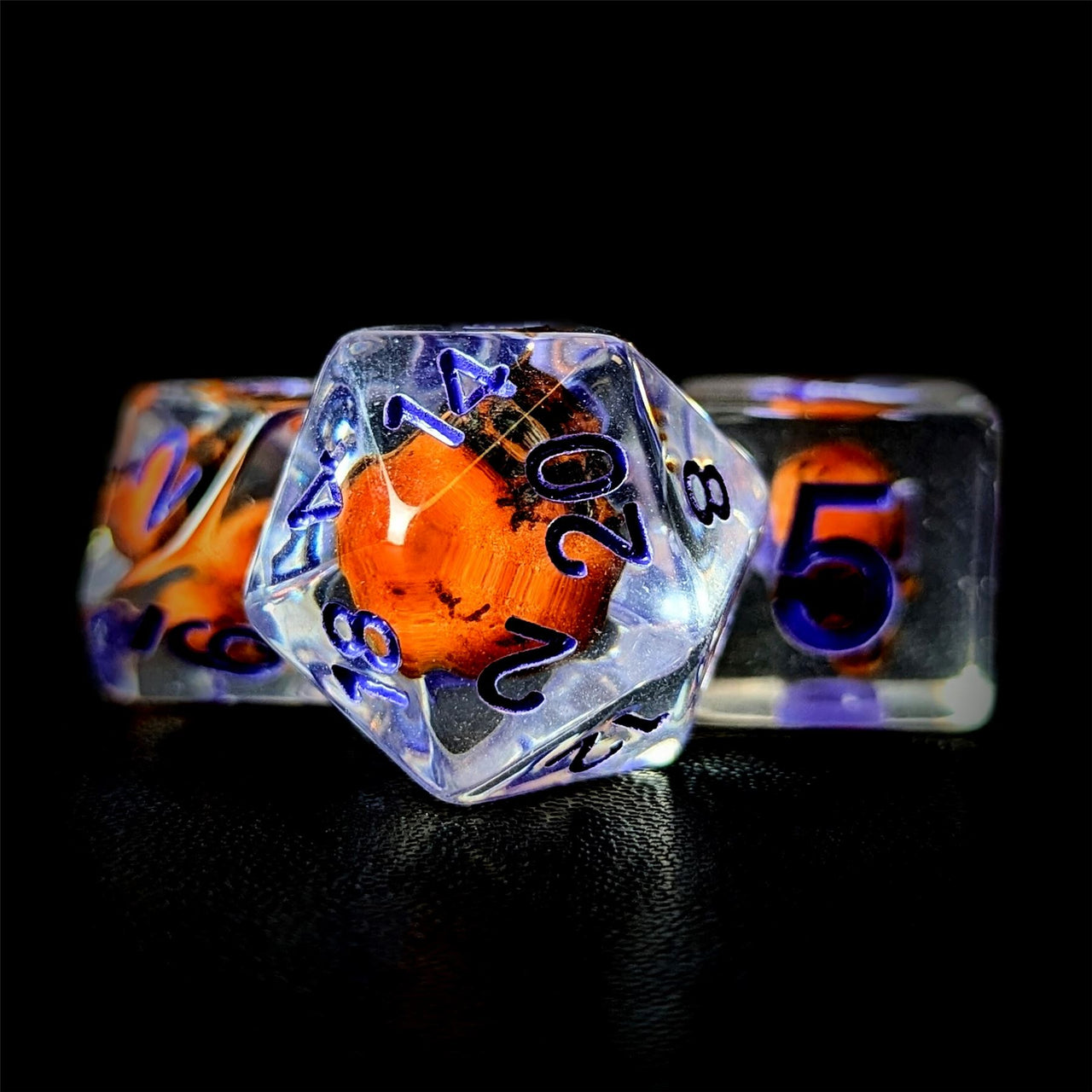 Orange Skull in Clear Resin - 7pcs RPG Full Dice Set