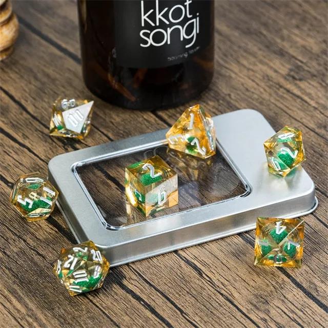 Green Glitter in Yellow & Clear Liquid Filled Sharp Resin - 7pcs RPG Dice Set