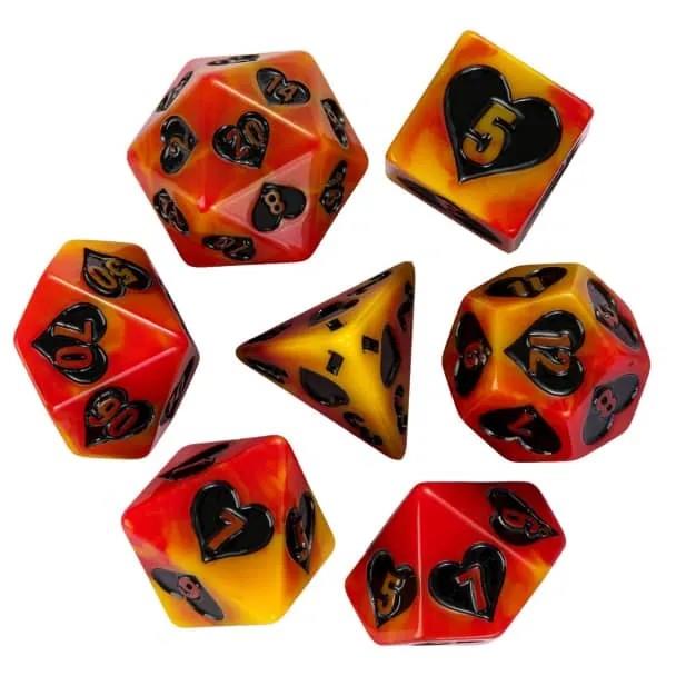 7pcs Dice Resin Pattern Hearts Black Font Yellow Red