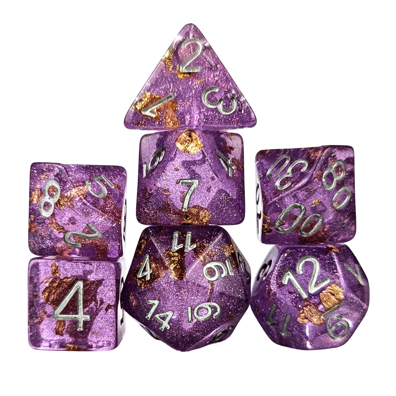 Gold Foil in Clear & Purple Resin - 7pcs RPG Full Dice Set