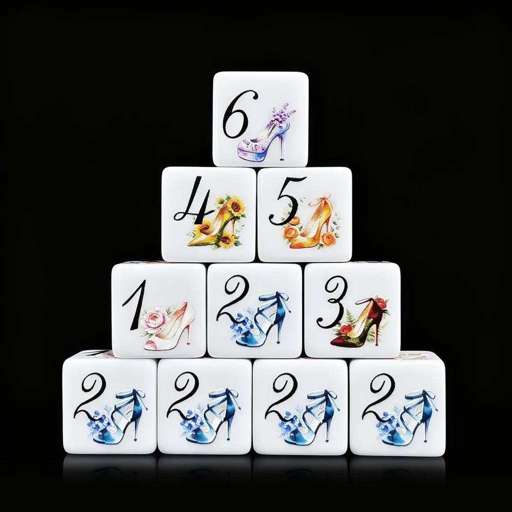 6pcs D6 16mm Dice Acrylic Printed High Heel Black Font White