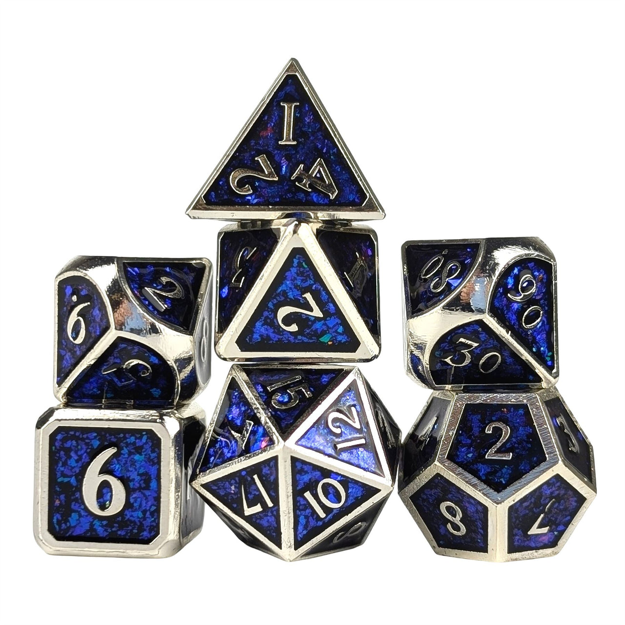 Glitter Blue Enamel in Silver Metal - 7pcs RPG Dice Set