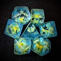 Thumbnail for White Flowers in Clear & Blue Resin - 7pcs RPG Full Dice Set