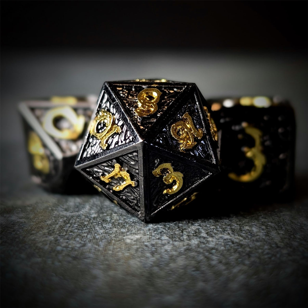 Black Metal with Gold Dragon Font - 7pcs RPG Dice Set