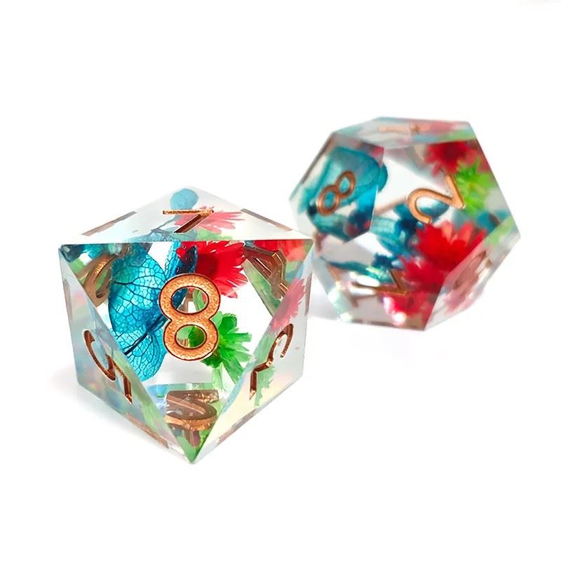 Red, Blue & Green Flowers in Clear Filled Sharp Resin - 7pcs RPG Dice Set