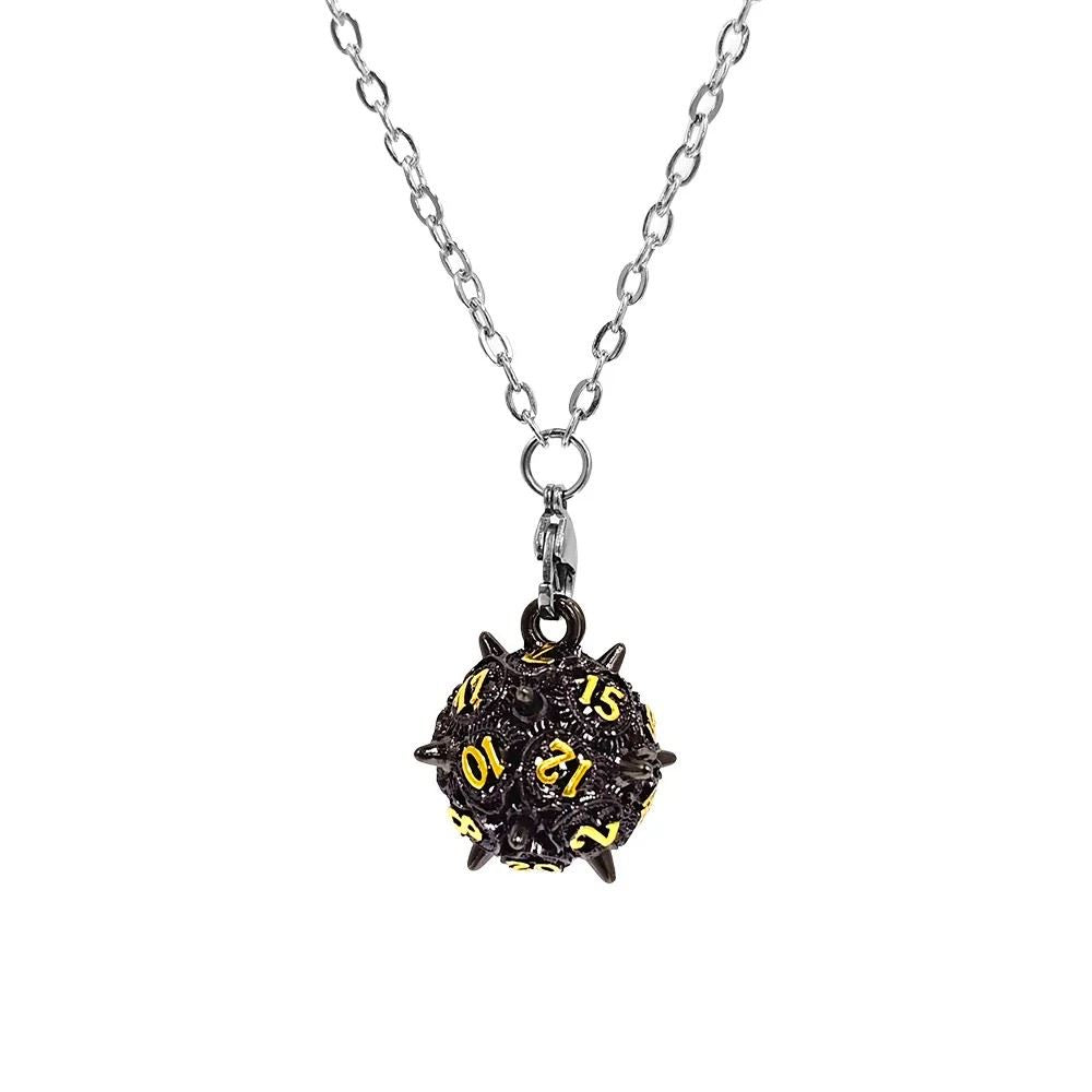 Black D20 Xeno Pin with Mini Metal Dice Set Necklace