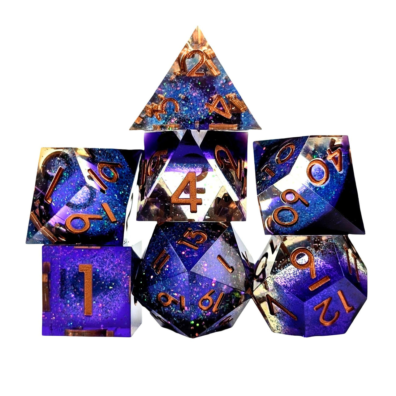 7pcs Dice Sharp Filled Liquid Copper Font Blue Purple